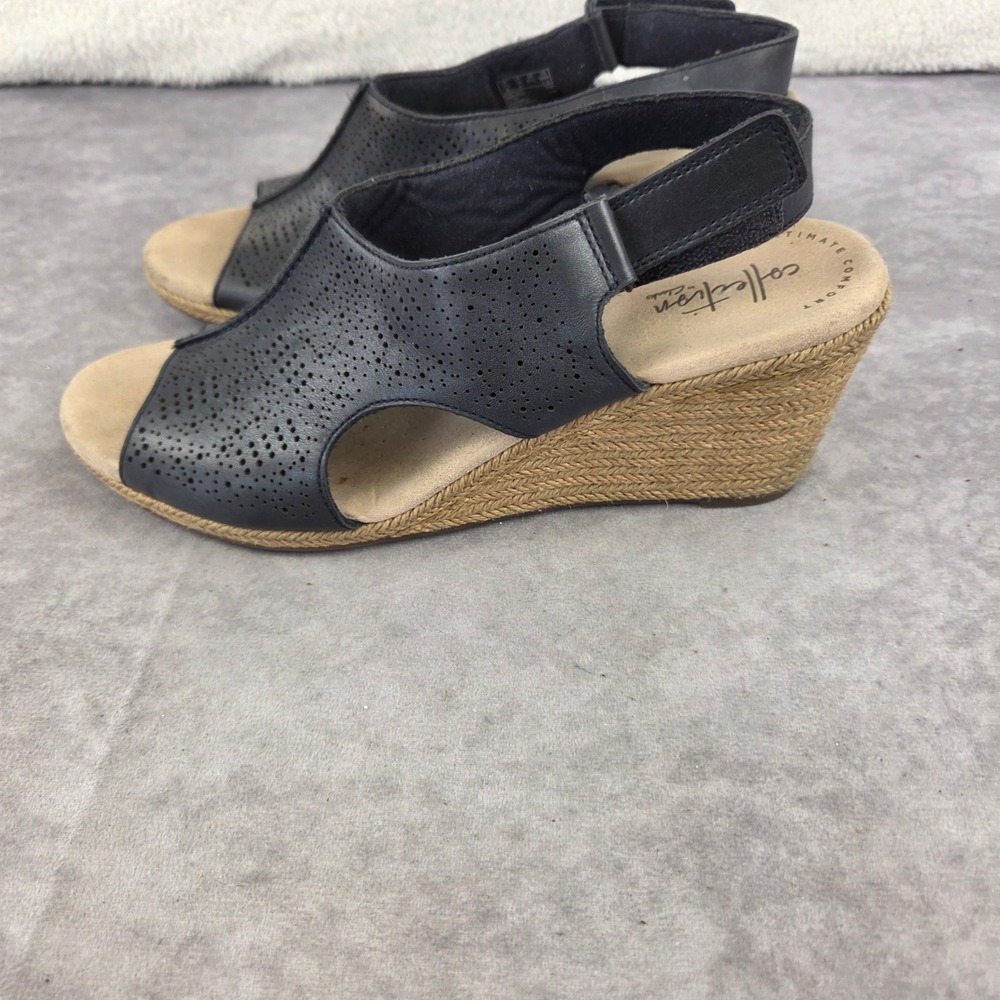 Clarks Collection Petrina Selma Navy Blue Perforated Leather Espadrille Wedge 10